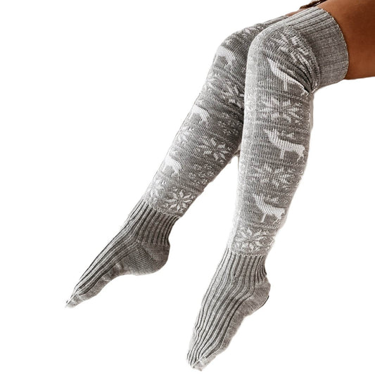 Women Long Socks Christmas Women Knitted Cotton Woolen Stocking Warm Thigh High Over The Knee Cute Deer Printing Socks Twist Cable Crochet - Mubimart