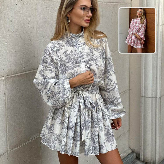 Ink Print Long Sleeve Short Dress With Fashion Puffy Sleeve Lapel Tie A-Line Dress Clothing - Mubimart