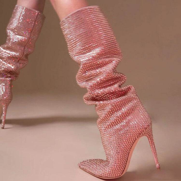 Women's Fashion Pointed Toe Stiletto Rhinestone Tall Boots - Mubimart