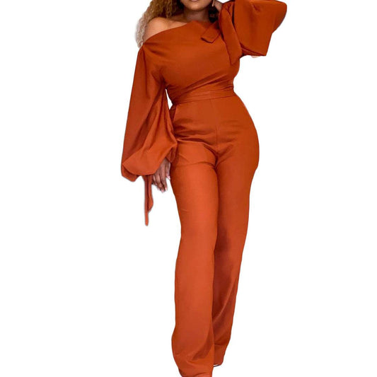 Solid Color Plus Size African Off-the-shoulder Jumpsuit - Mubimart