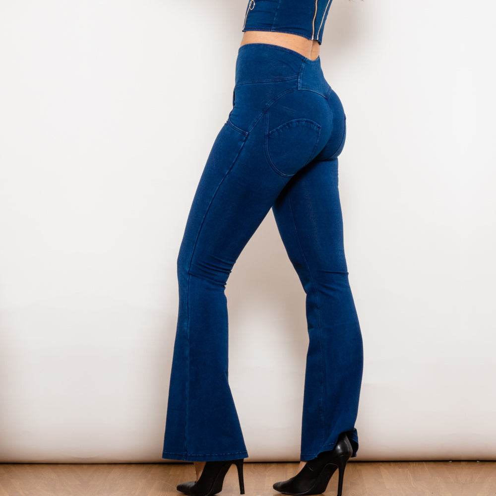 Shascullfites Melody Dark Blue Flared Lift Jeggings Button Up Jeans Bum Lift Jeans High Waist Flare Jeans Women - Mubimart
