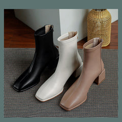 Elastic Mid-heel Block-heel Square Toe Martin Boots