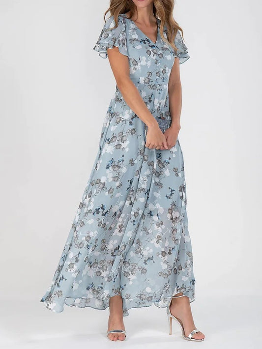 Temperament Commute Slimming V-neck Short Sleeve Printed Waist-controlled Dress