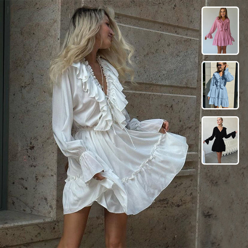 Fashion V Neck Pleated Ruffle Long Sleeve Dress Y2K V Neck Flared Sleeve Short Dress Women's Clothing - Mubimart - Plus Size Casual Dress 