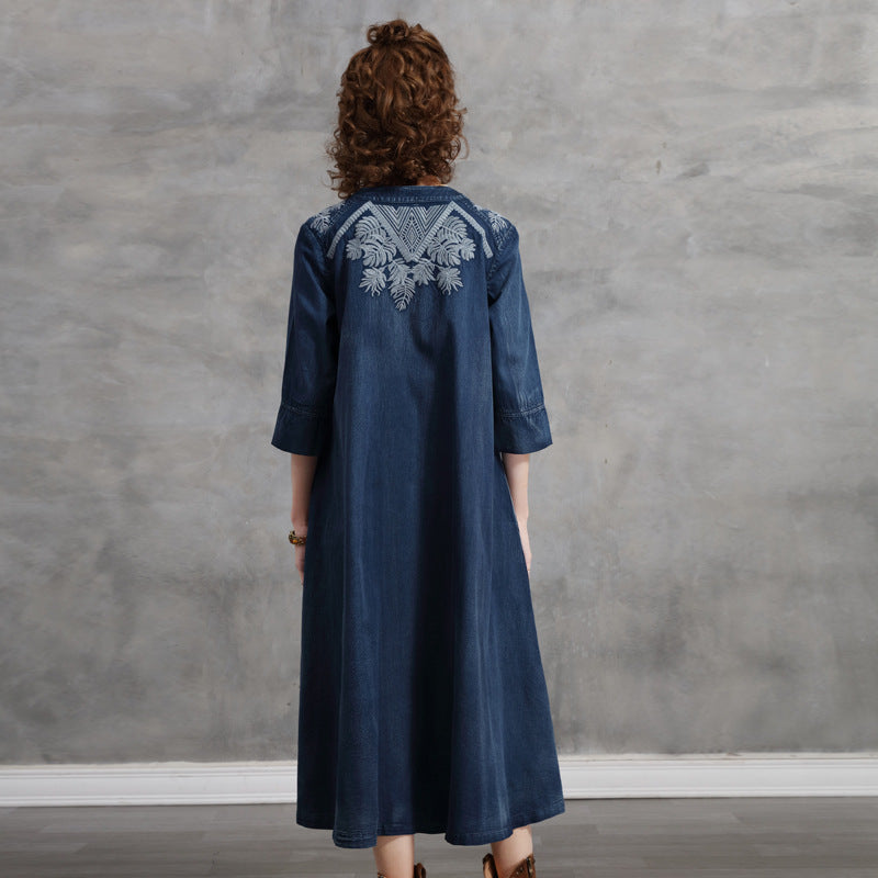 Embroidered Plus Size Women's Mid-sleeve Denim Dress - Mubimart -  