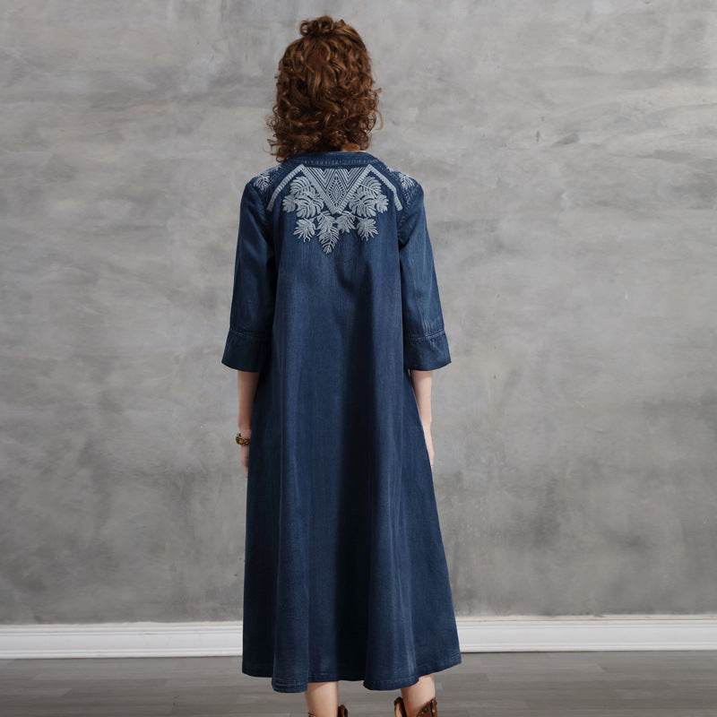 Embroidered Plus Size Women's Mid-sleeve Denim Dress - Mubimart