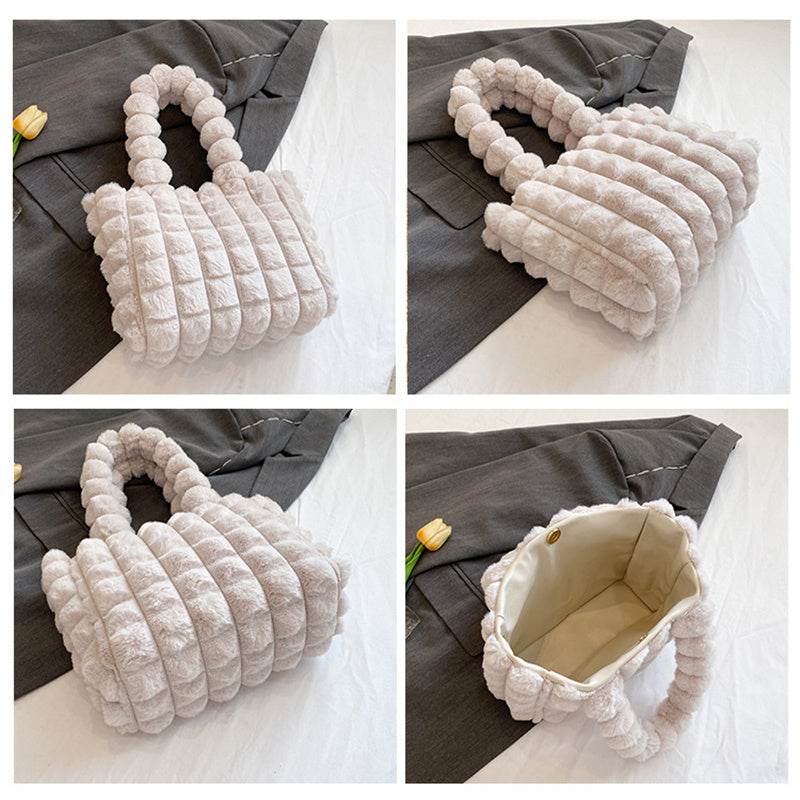 Plaid Handbags Winter Fashion High Capacity Shopping Plush Bag Korean Style Personalized Designer Luxury Tote Bags For Women - Mubimart