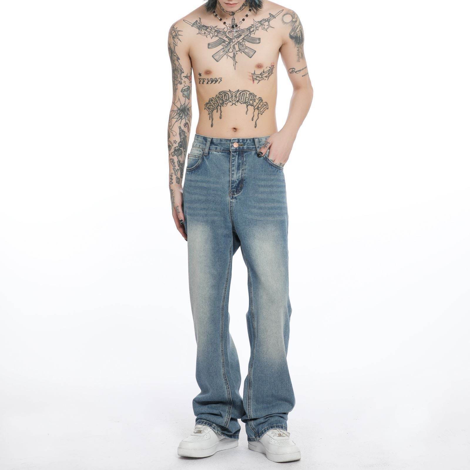Men's Washed Blue Jeans Straight Bootcut Trousers - Mubimart
