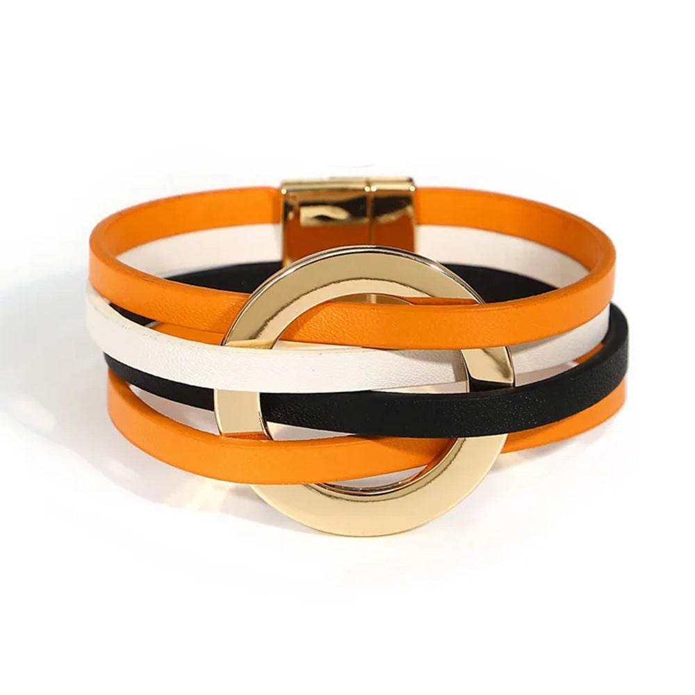 Cross Leather Women Bracelet Metal Big Ring Cuff Bangle Multi-layer Wristband Magnetic Snap Bangle - Mubimart