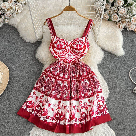 Retro Printing Slip Dress Women - Mubimart