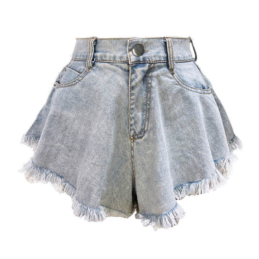 High Waist Loose-fitting Tassel Denim Shorts For Women - Mubimart