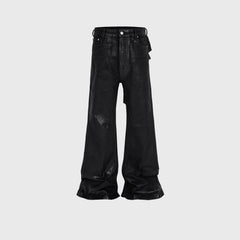 Heren Vinyl Coated Bootcut Broeken Stikwerk Beschadigde Jeans