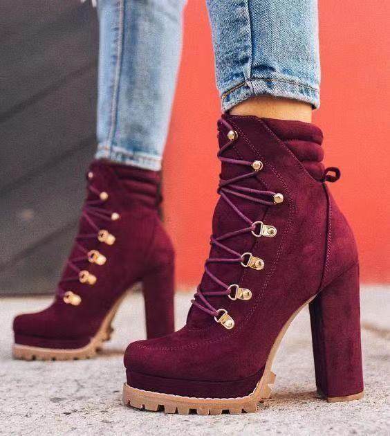 Heeled Boots For Women Round Toe Lace UP High Heels Boots Mid Calf Shoes - Mubimart
