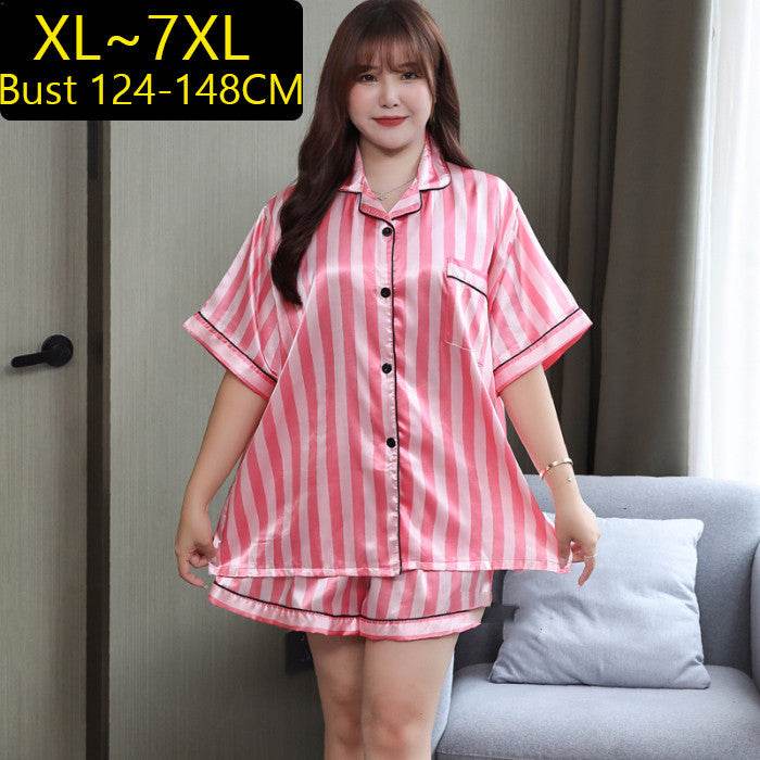 Summer Plus Size Ladies Ice Silk Short Sleeve Pajama Set - Mubimart