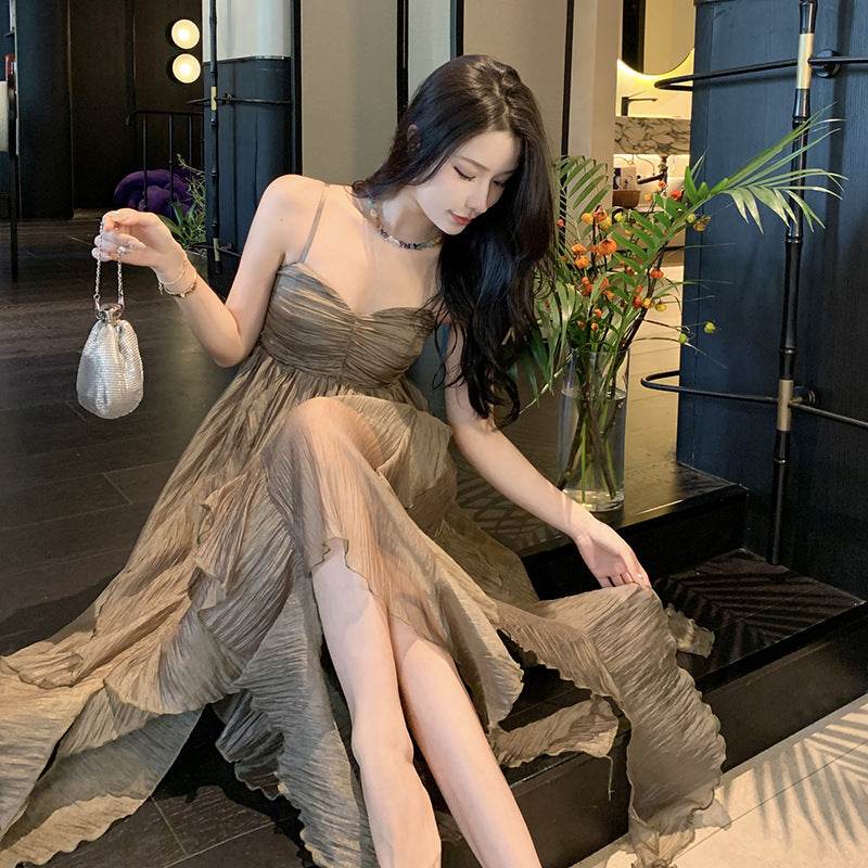 Pleated Irregular Elegant Midi Dress - Mubimart
