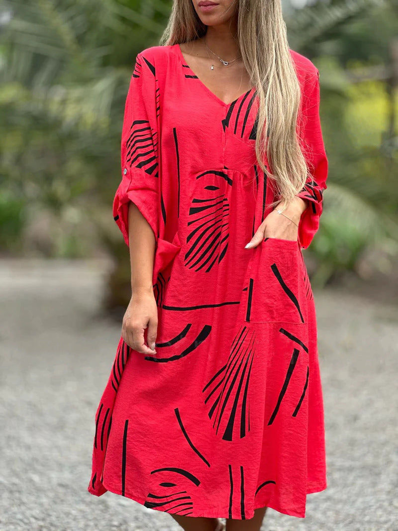 Fashion Printed V Neck Long Sleeve Dress Casual Loose Straight Dress Women's Clothing - Mubimart -  