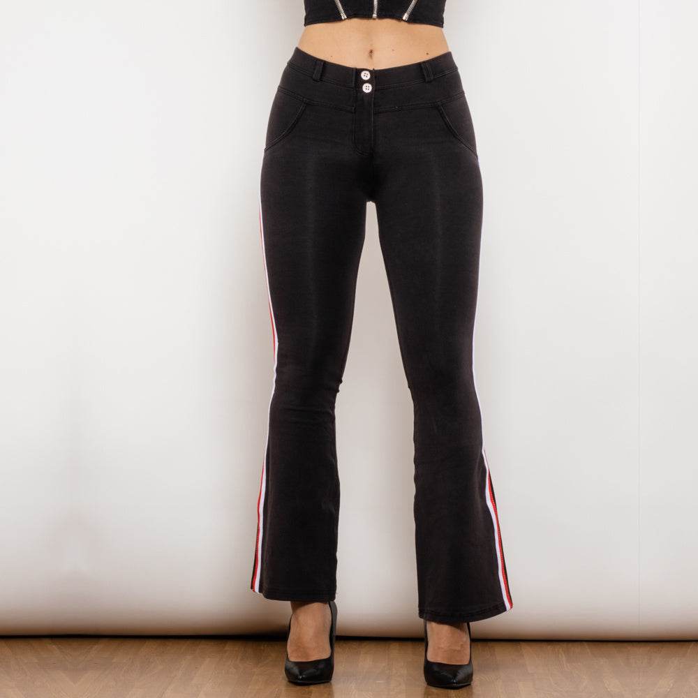Shascullfites Melody Side Stripe Denim Flare Jeans Stretch Pants Slim Butt Lift Flare Pants Scrunch Bum Black Jeans - Mubimart