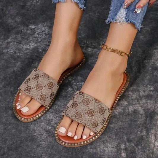 Summer Flower Print Flat Sandals For Women Non-slip Slides Slippers Vacation Casual Beach Shoes - Mubimart