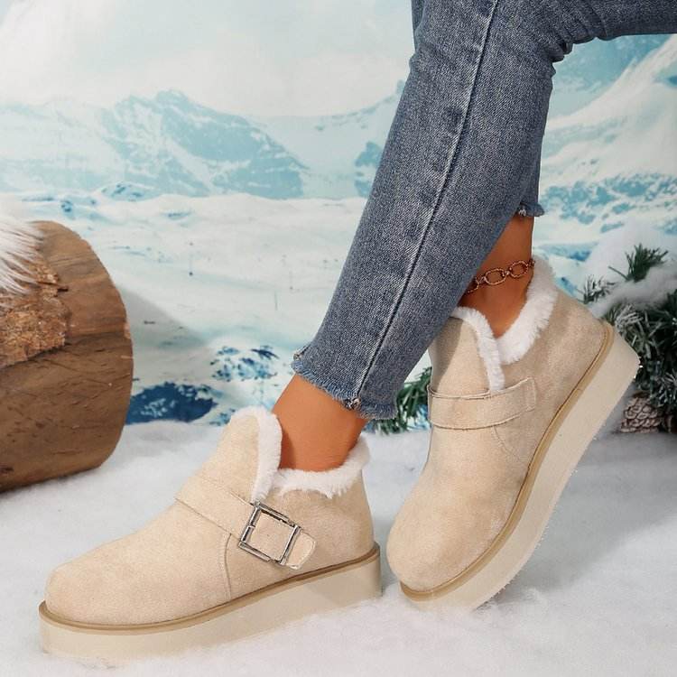 Winter Buckle Snow Boots Fashion Flat Thick-soled Cotton Shoes Round Toe Plus Velvet Warm Ankle Boot For Women - Mubimart