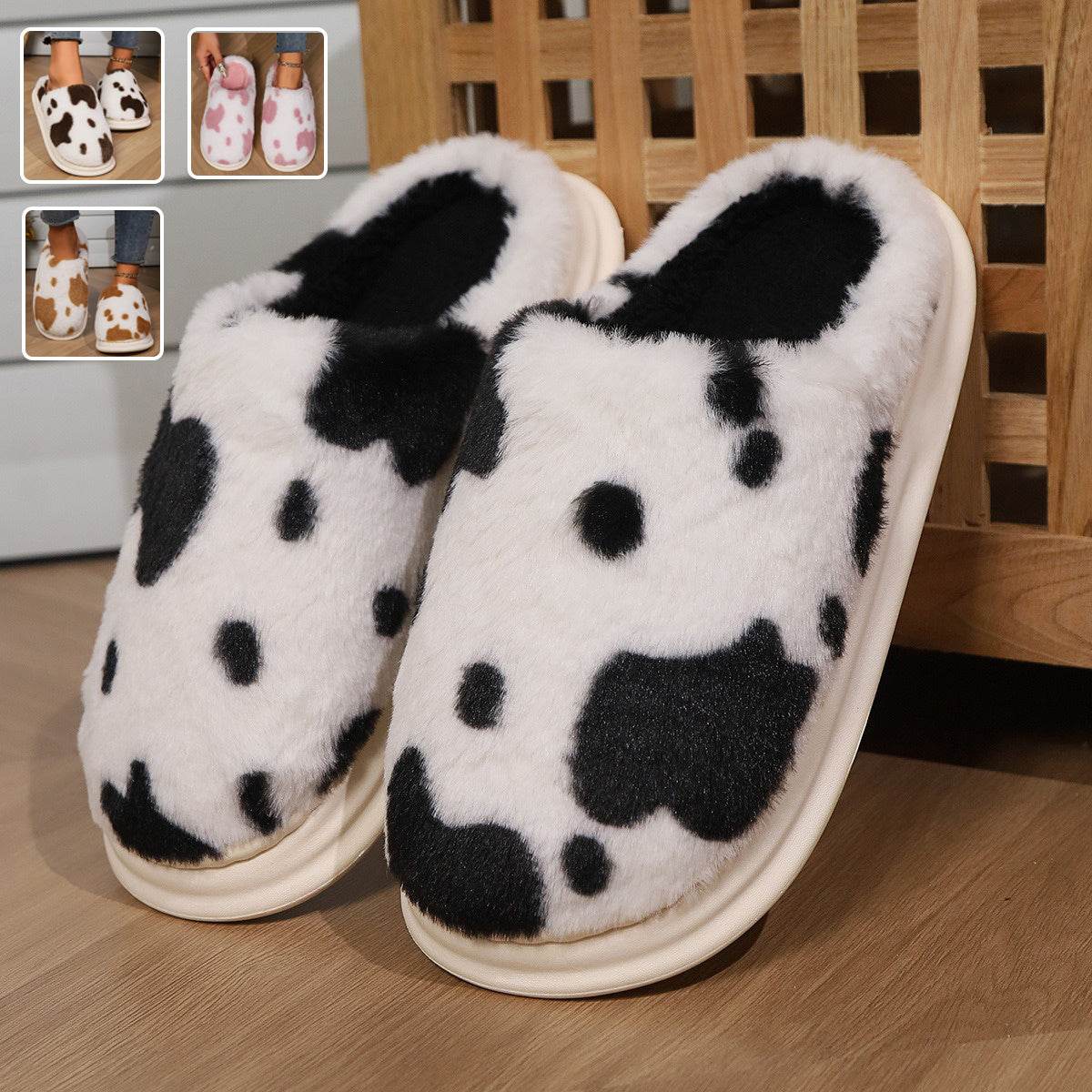 Cute Cow Spotted Plush Slippers Winter Warm Non-slip Bedroom Floor Fuzzy Slipper Couple Women House Shoes - Mubimart