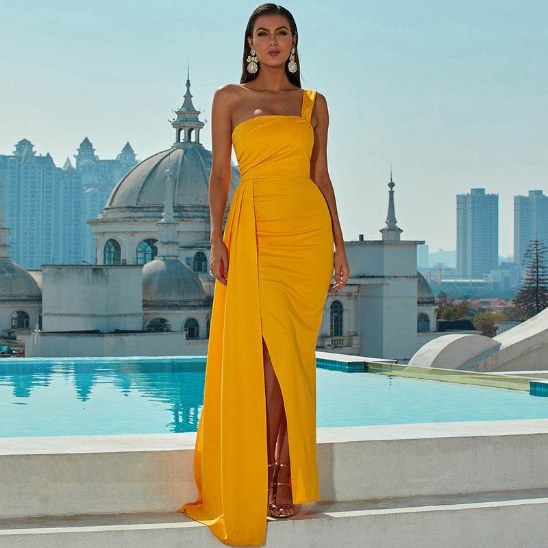 One-shoulder Off-neck Prom Party Slit Evening Dress - Mubimart
