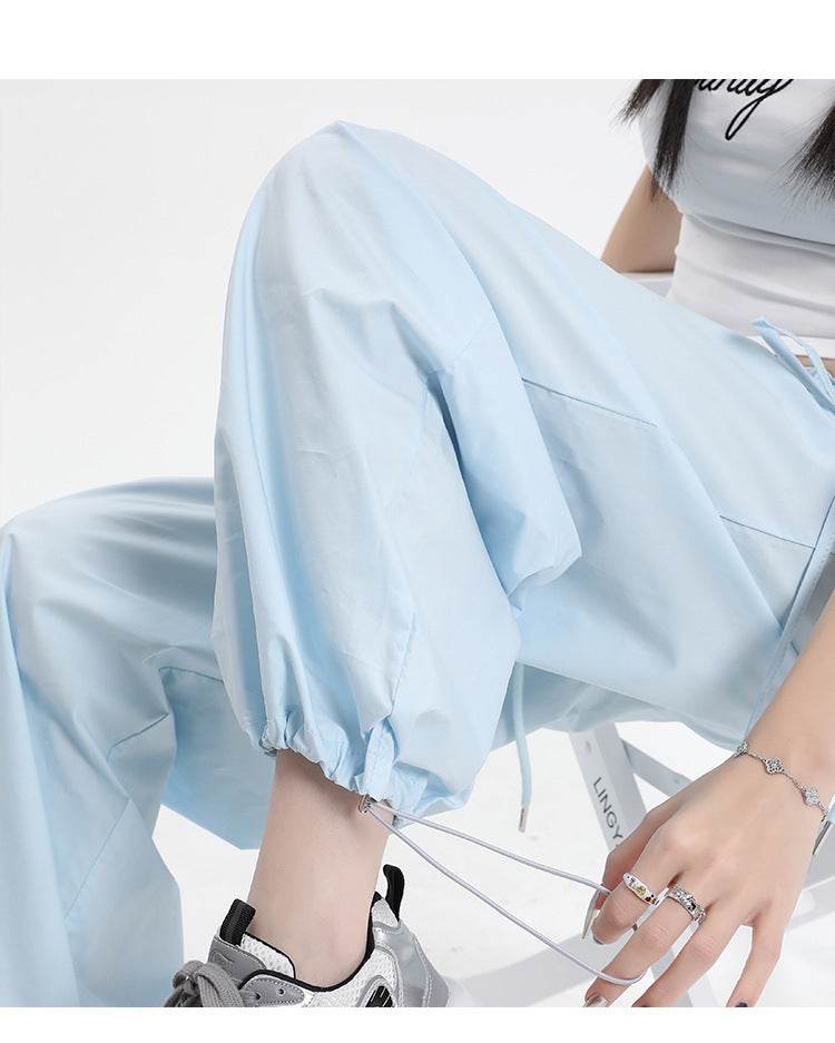 Straight Cargo Pants Women Bow Drawstring Wide Leg Track Pants - Mubimart