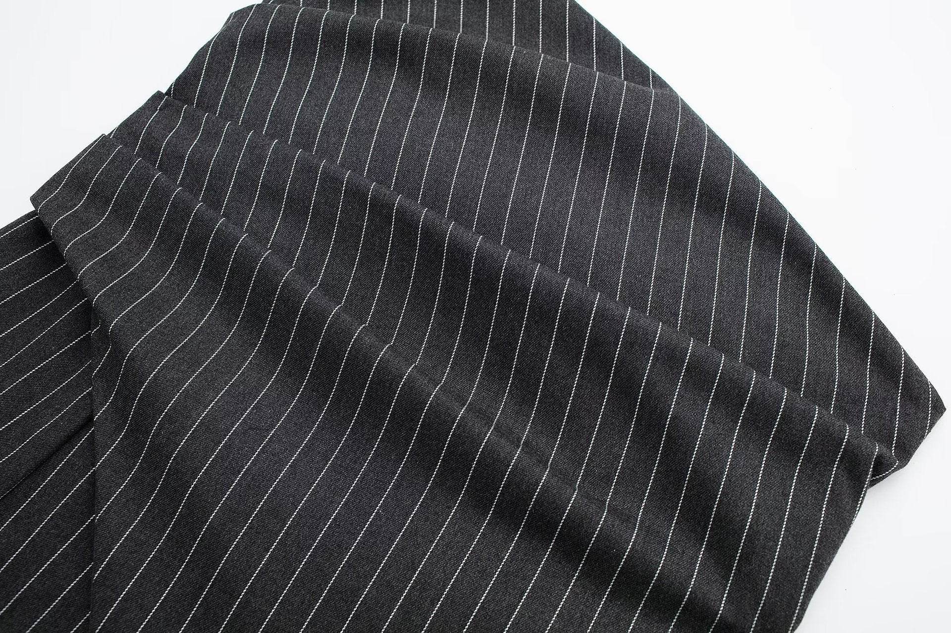 Diagonal Neck Pinstripe Tight Pleated Corset Top - Mubimart