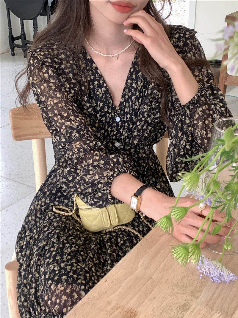 Retro Elegance Chiffon Midi Dress - Mubimart