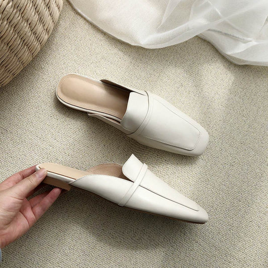 Flat Half Drag Square Toe Leather Mules - Mubimart