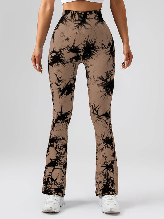 High-Waist Tummy Control Flare Yoga Pants For Women, Tie-Dye Stretch Slimming Bootcut Workout Pants, Fitness & Sports Activewear - Mubimart