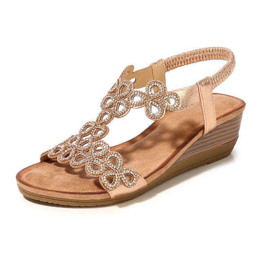 Rhinestone Bohemian Wedge Sandals - Mubimart