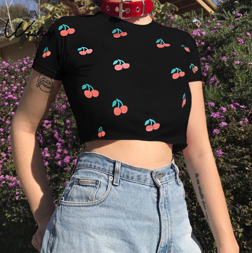 Black Cherry Summary Crop Top Tee Kawaii Shirt Women - Mubimart - Crop Top 