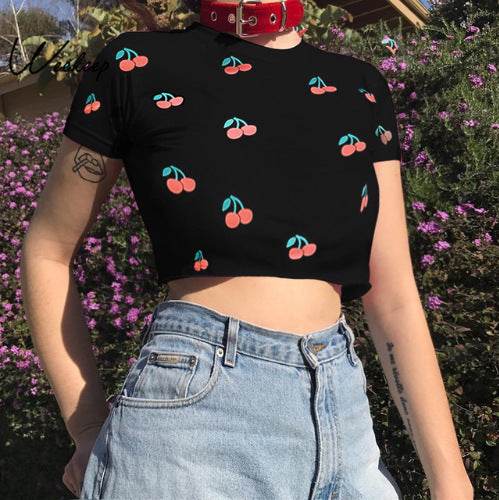 Black Cherry Summary Crop Top Tee Kawaii Shirt Women - Mubimart