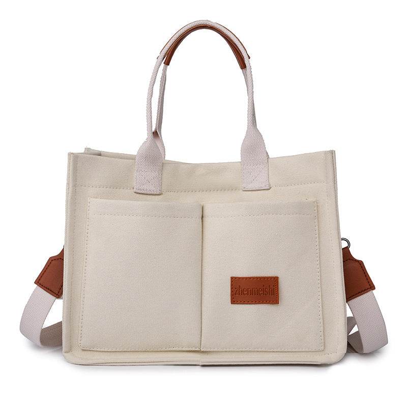 Casual Daily Canvas Tote Shoulder Bags Women Mommy Bag Large Capacity Messenger Multi Pocket Crossbody Chic Reusable Hand Bag - Mubimart