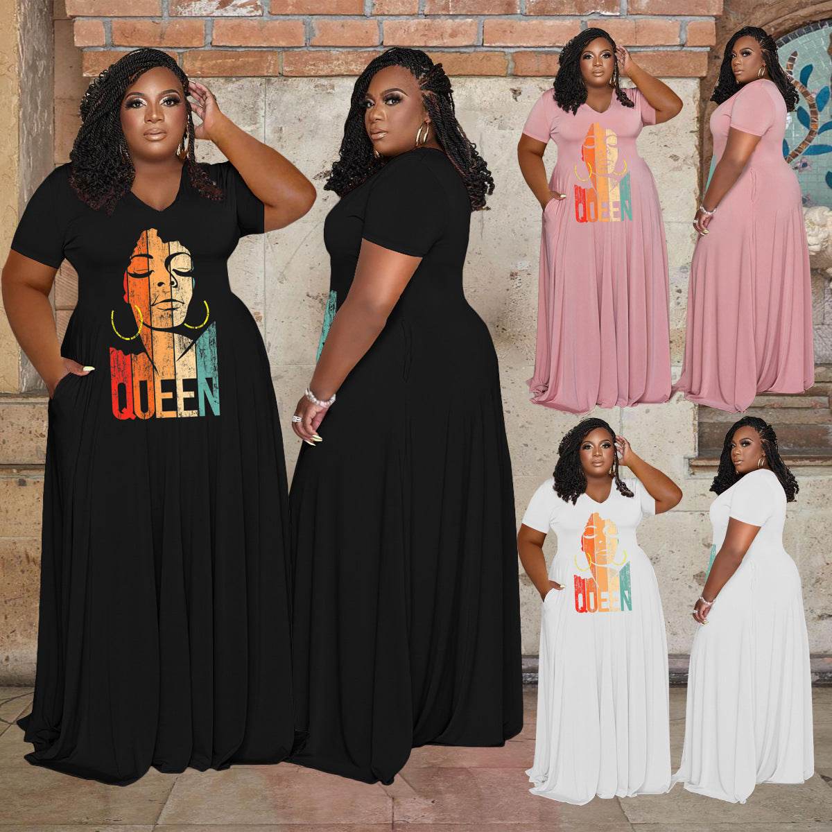 Women's Fashion Casual V-neck Plus Size Dress - Mubimart