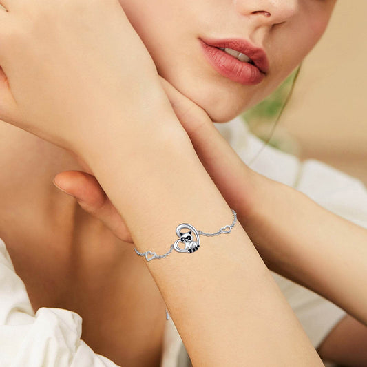 925 Sterling Silver Heart Charm Raccoon Bracelet Animal Jewelry Gifts For Women Girls Teen - Mubimart