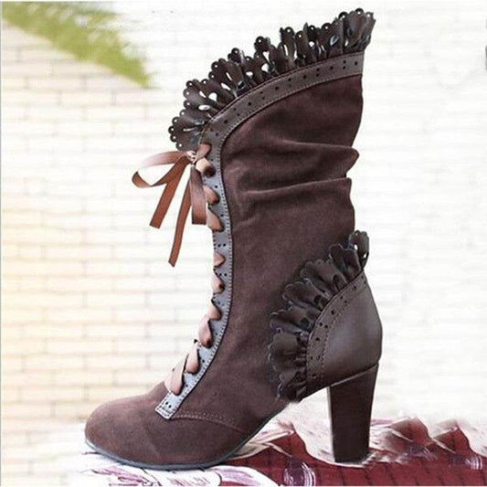 Lace-Up Combat Boot Women Ruffle Design Ethnic Shoes - Mubimart