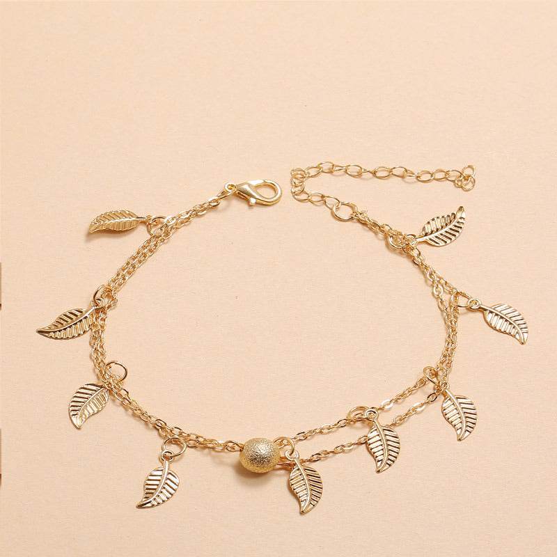 Frosted Round Beads, Small Leaves And Tassel Feet With Double-Layer Anklets - Mubimart