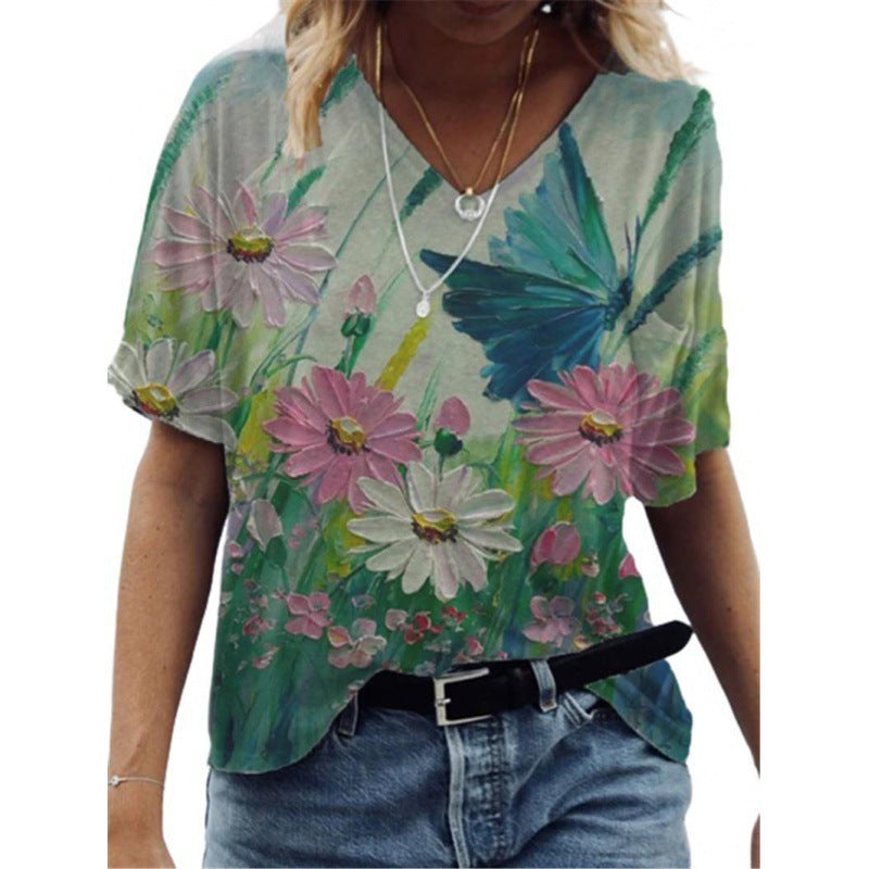 Flower Painting Printed T-shirt For Women