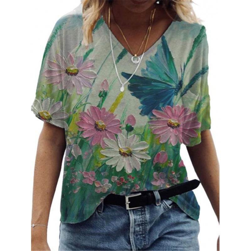 Flower Painting Printed T-shirt For Women - Mubimart