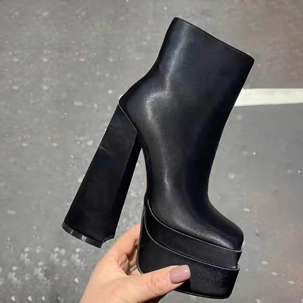 Ladies Ankle Boots Square Toe Double Layer Platform - Mubimart