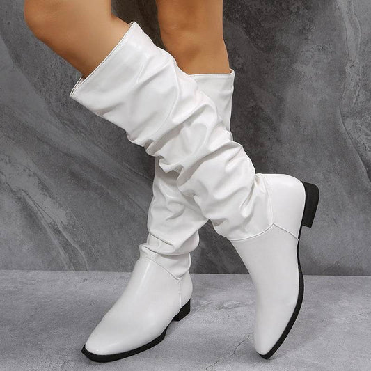 Long Boots White Cowboy Boots Women Pointed Toe Shoes - Mubimart