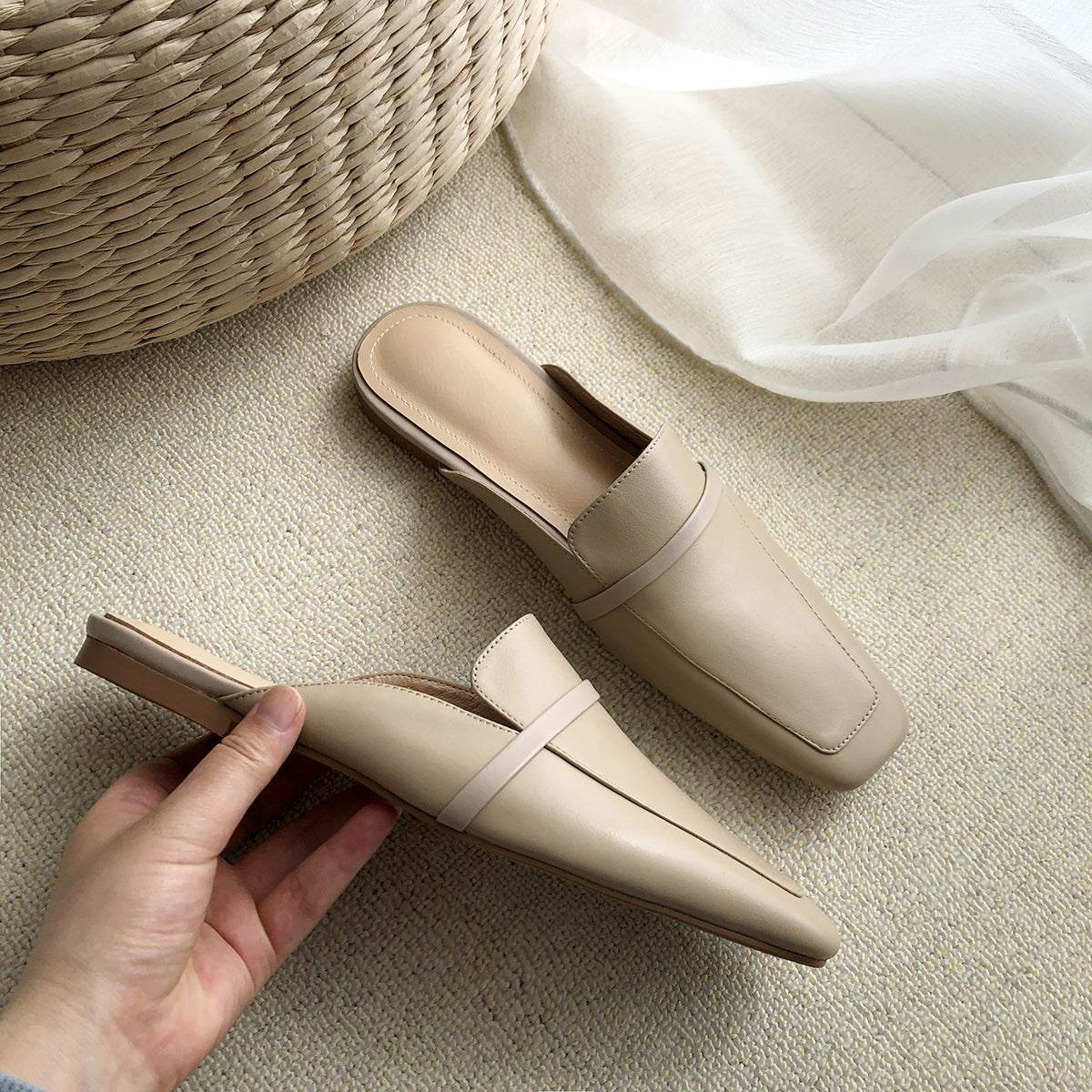 Flat Half Drag Square Toe Leather Mules - Mubimart