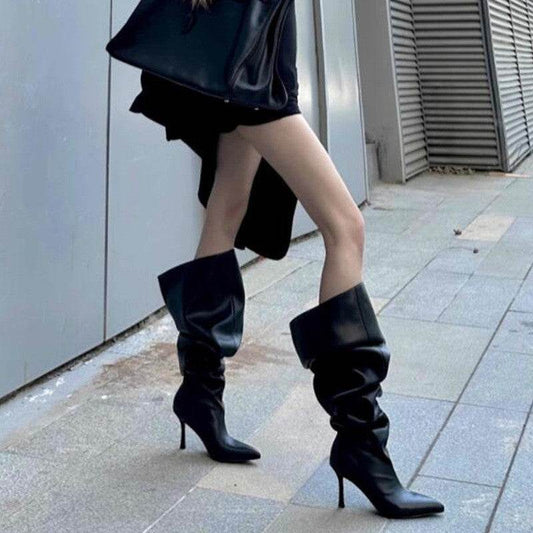Women's Zipper Pleated Over The Knee Boots - Mubimart