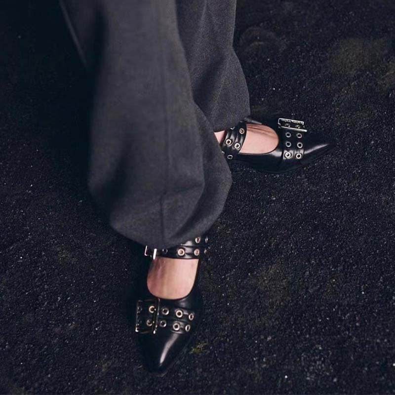 Pointed Toe Belt Buckle Mules Leather Flat Sandals - Mubimart