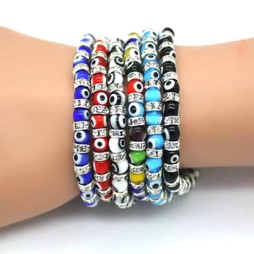 6mm Glass Beaded Alloy Diamond Beaded Elastic Bracelet for Women - Mubimart