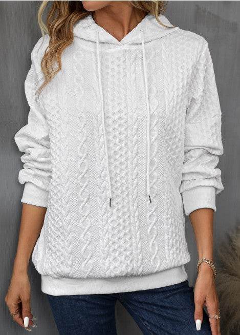 Plus Size Casual Jacquard Hooded Lace-up Long Sleeve Sweatshirt - Mubimart