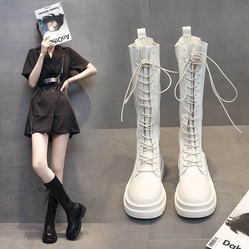 Women Boots Lace Up Mid Calf Boots High Platform Lace Up - Mubimart