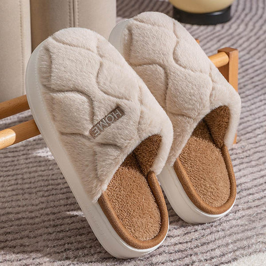 Plush Slippers Winter For Women Indoor Floor Bedroom Home Slipper Warm Solid House Shoes Men Couple - Mubimart