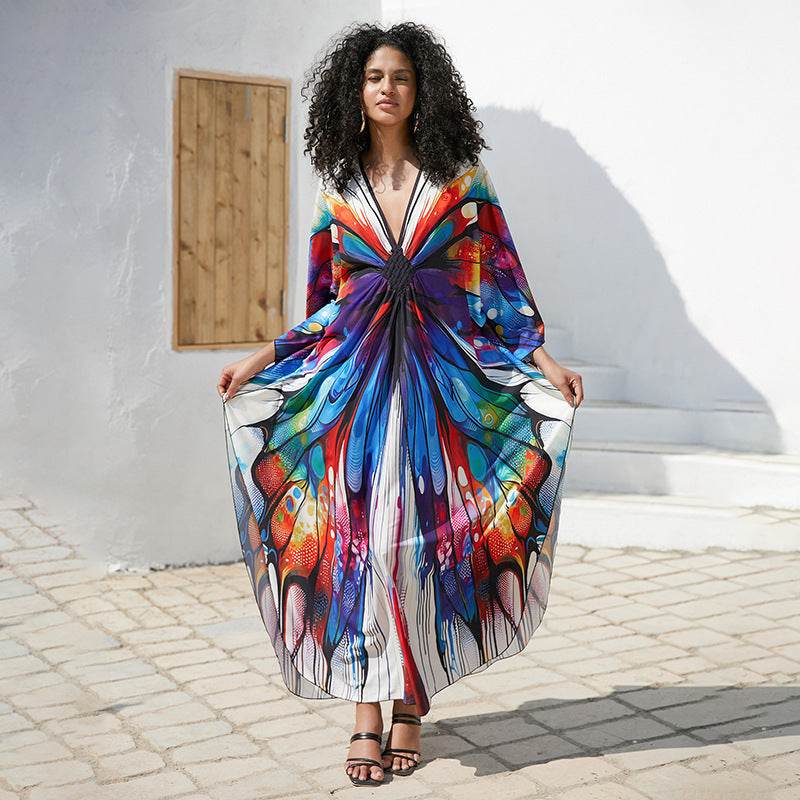 Print Holiday Loose Plus Size Robe Beach Cover-up Dress - Mubimart